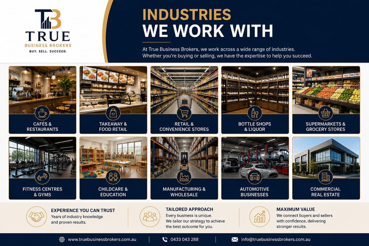 
B
TRUE
BUSINESS BROKERS
BUY. SELL. SUCCEED.
INDUSTRIES
WE WORK WITH
At True Business Brokers, we work across a wide range of industries.
Whether you're buying or selling, we have the expertise to help you succeed.
CAFÉS & RESTAURANTS
FITNESS CENTRES
& GYMS
問
圖
TAKEAWAY &
RETAIL &
FOOD RETAIL
CONVENIENCE STORES
BOTTLE SHOPS & LIQUOR
ଳଳ CHILDCARE & EDUCATION
Imel
MANUFACTURING & WHOLESALE
AUTOMOTIVE BUSINESSES
曲
SUPERMARKETS &
GROCERY STORES
目
COMMERCIAL
REAL ESTATE
EXPERIENCE YOU CAN TRUST
Years of industry knowledge and proven results.
www.truebusinessbrokers.com.au
TAILORED APPROACH Every business is unique. We tailor our strategy to achieve the best outcome for you.
0433 043 288
6000
MAXIMUM VALUE
We connect buyers and sellers with confidence, delivering stronger results.
info@truebusinessbrokers.com.au